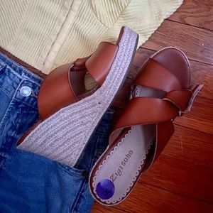 NWT Brown leather wedge sandals size 8.5